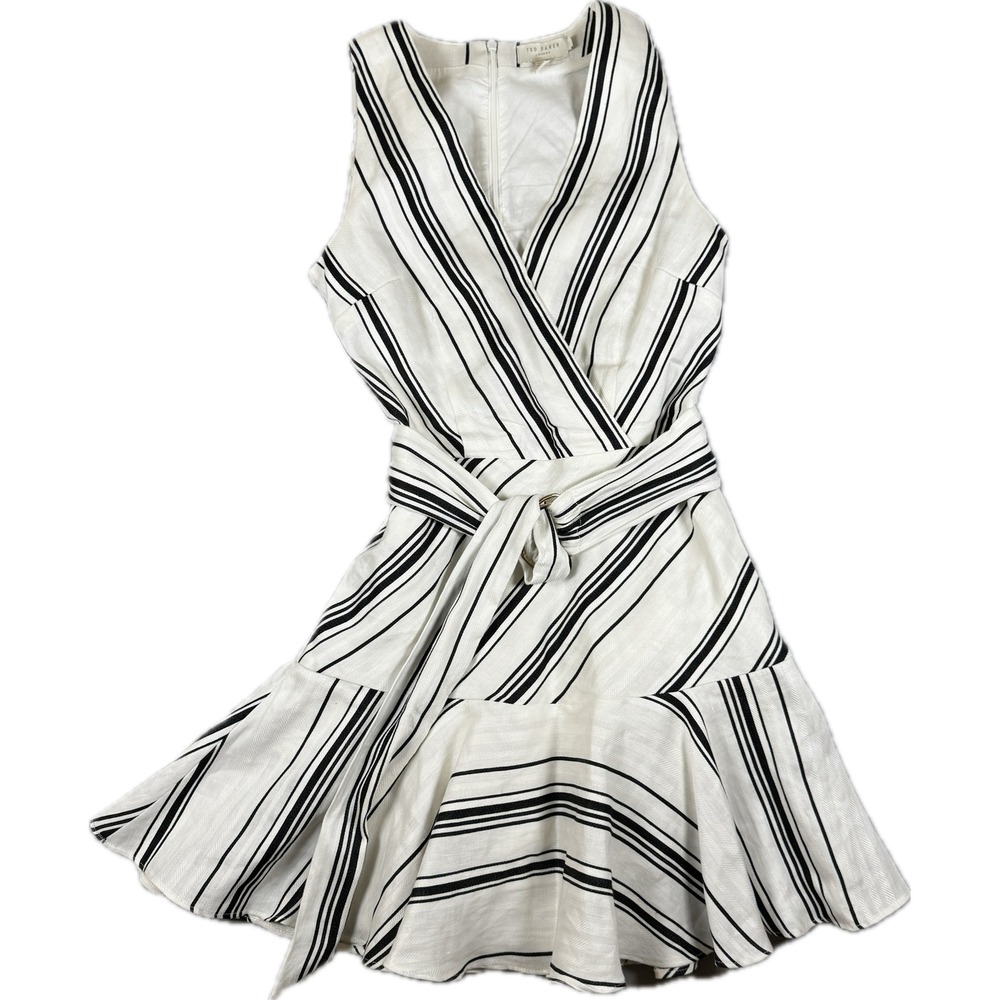 Ted Baker Aliicee Dress Women Size 0 White Black Striped Linen Blend Sleeveless